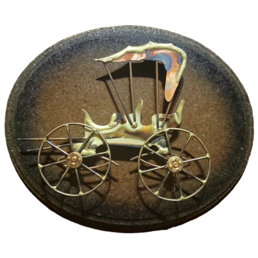 Vtg Metal Art Copper Brass Horse Buggy Carriage Wooden 3D Wall Plaque